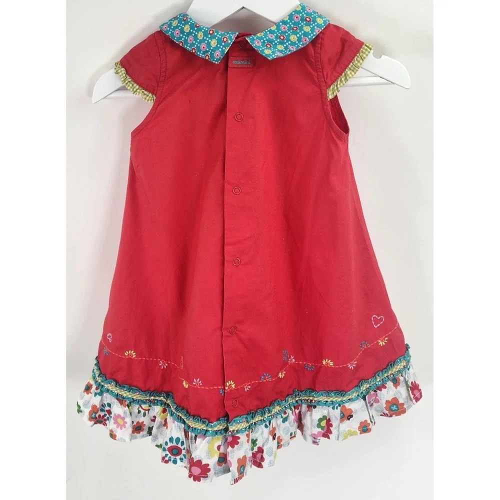 Catimini Dress Baby 18M Red Floral Whimsical Embroidery Bow Ruffle Hem France